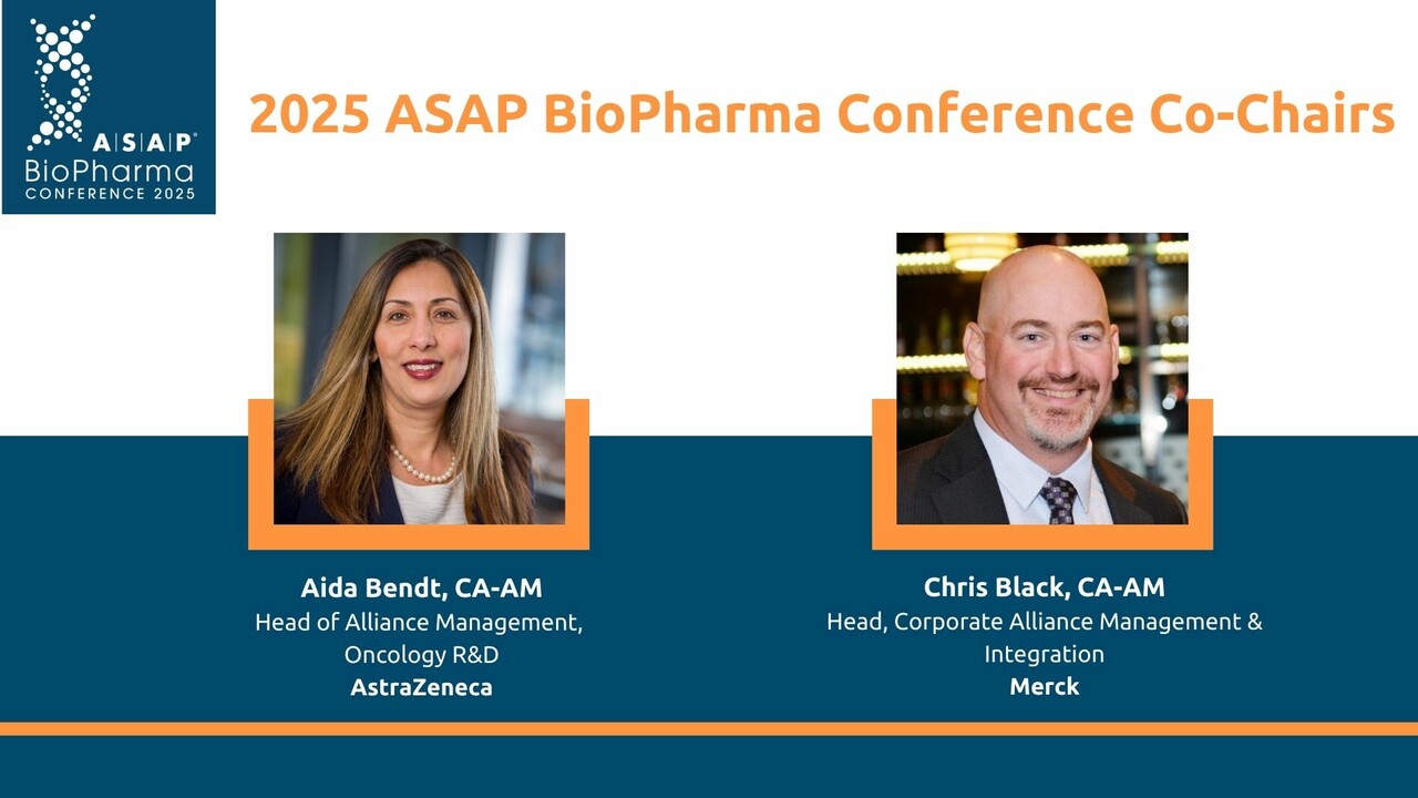 Headshots of 2025 BioPharma Conference Co-Chairs Aida Bendt (AstraZeneca) and Chris Black (Merck)